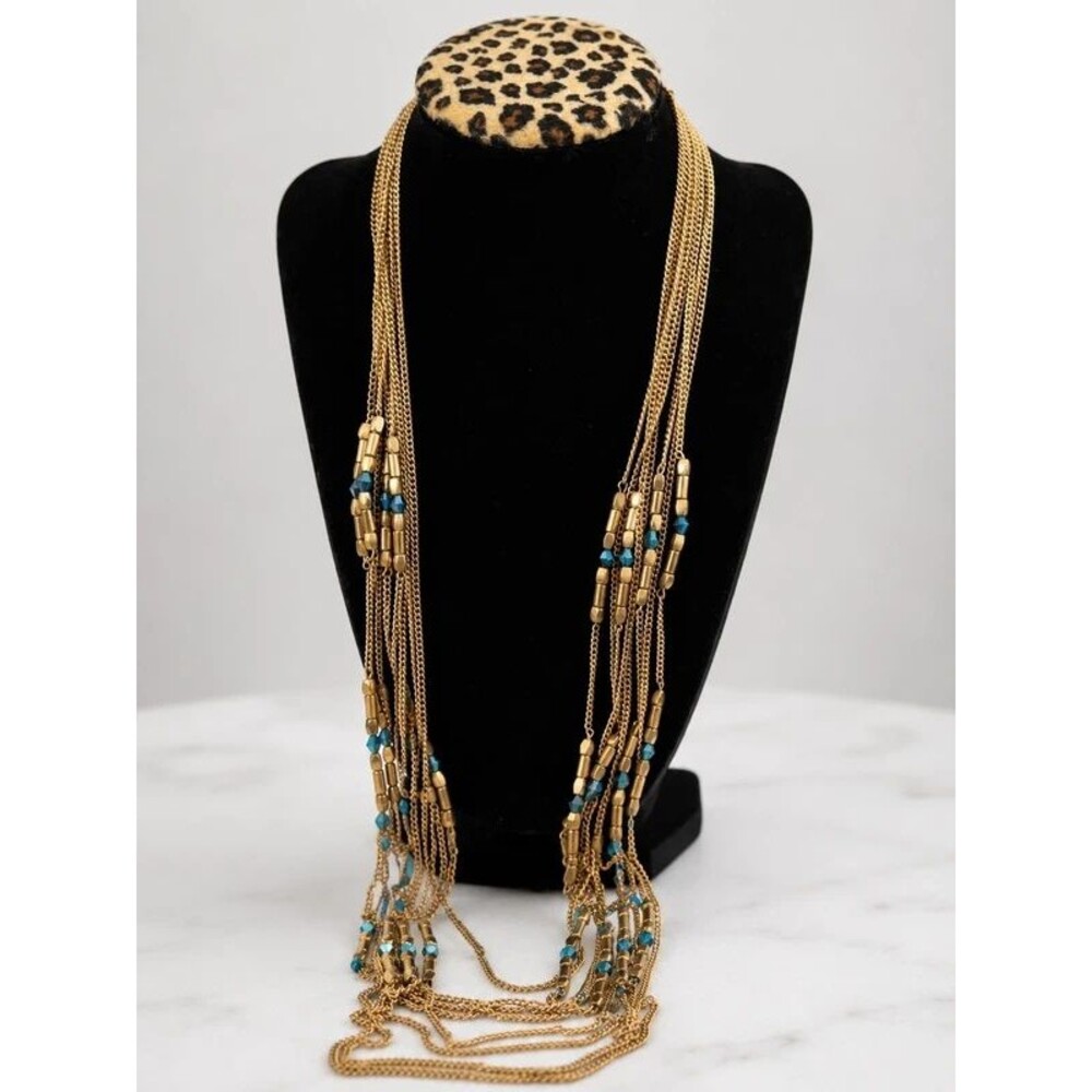 Gold Tone Multi-Strand Turquoise Beaded Statement Necklace
